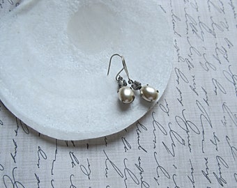 Oval pearl  and Swarovski crystal earrings,  Antique silver earrings