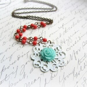 Coral and Aqua necklace, Aqua Rose necklace, Floral necklace image 1