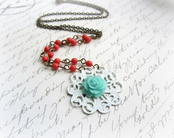 Coral and Aqua necklace, Aqua Rose necklace, Floral necklace