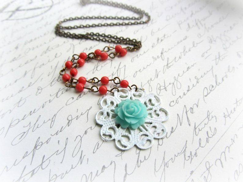 Coral and Aqua necklace, Aqua Rose necklace, Floral necklace image 1