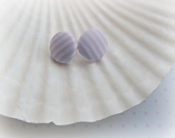 Pink and White Mini Stripe Fabric Button Post earrings