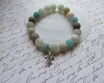 Amazonite and Fleur De Lis bracelet, Matte Amazonite Stretch bracelet