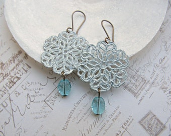 Hand Painted Filigree earrings, Shabby Chic earrings, Vintage Aqua Glass earrings