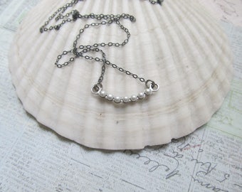Dainty Antique Silver Pearl Crescent necklace,Oxidized Sterling Silver necklace