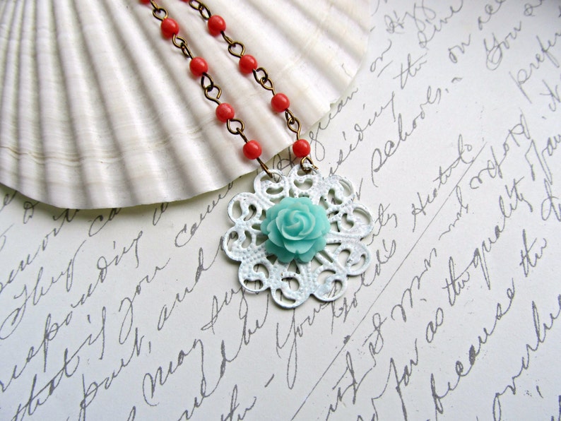 Coral and Aqua necklace, Aqua Rose necklace, Floral necklace image 2