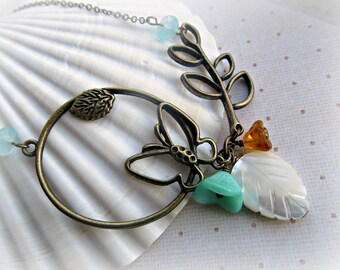Butterfly necklace, Bronze Leaf necklace, Bell Flowers necklace, Mother of Pearl Leaf necklace