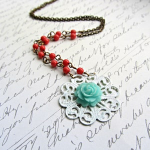 Coral and Aqua necklace, Aqua Rose necklace, Floral necklace image 3