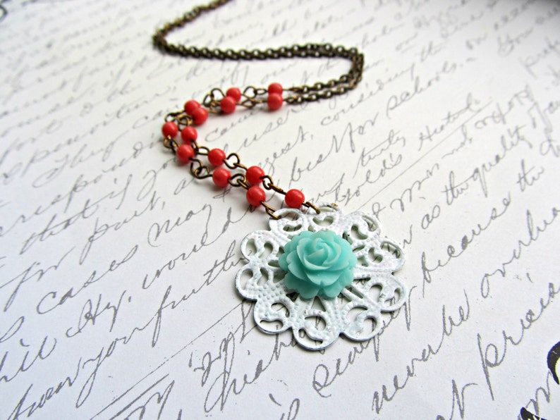 Coral and Aqua necklace, Aqua Rose necklace, Floral necklace image 3