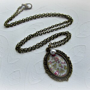 Liberty fabric little flowers antique bronze with crystal pearl long necklace