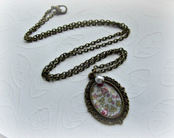 Liberty fabric little flowers antique bronze with crystal pearl long necklace