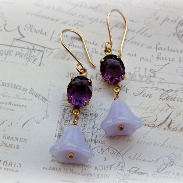 Shades of Purple earrings, Lavender Milk Glass Bell Flower earrings, Vintage Purple Rhinestone earrings