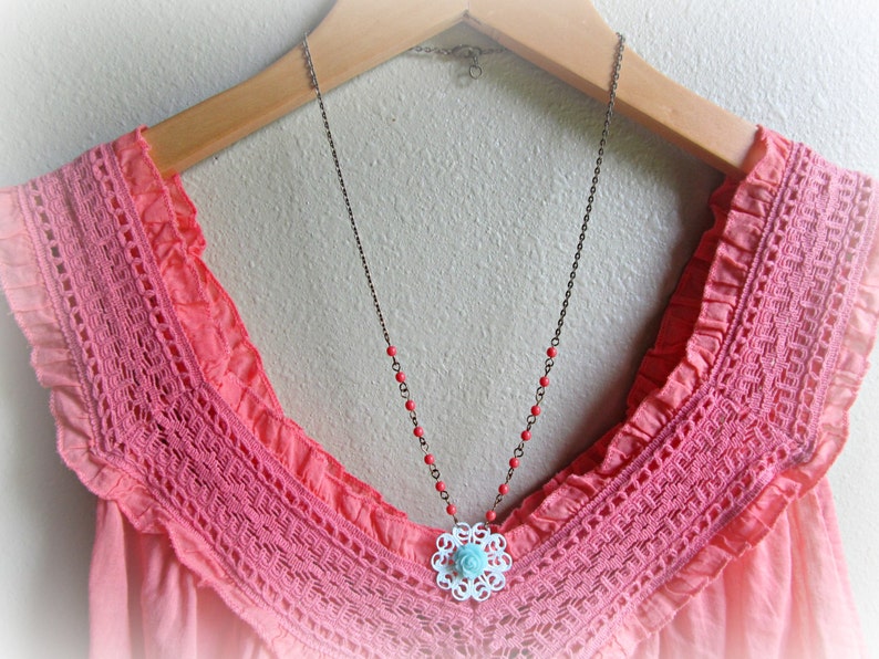 Coral and Aqua necklace, Aqua Rose necklace, Floral necklace image 4