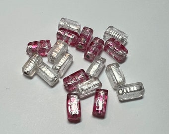 10mm x 5mm Baguette Shaped Bead Of Venetian Glass 8 Pink & 10 Silver Available  Foil Lined Murano Glass Beads