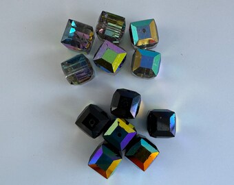 Vint Swarovski 8mm Cube Crystal Beads #5601 in Black Diamond Vitriol With AB and Jet Black With AB Aurora Borealis Coating Each Bead 2.75
