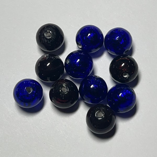 10mm Cobalt Blue and Burgundy Red Venetian Glass Round Beads Foil Lined Murano Glass 6 Blue and 5 Red 1.85 Each Bead