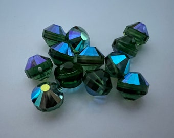 Vint Swarovski Green Tourmaline 7mm or 8mm Beads Coin, Tablet Shaped 2 Sizes With AB Coating