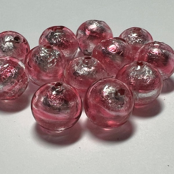10mm Pink Venetian Glass Round Beads Foil Lined Murano Glass 1.90 Each Bead Only 12 Available