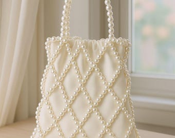Handmade Pearl Beaded Bridal Bag, White Satin Clutch, Elegant