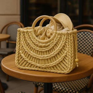 May include: A woven straw handbag with a wooden handle. The bag is light yellow and has a braided design. The bag is sitting on a wooden table.