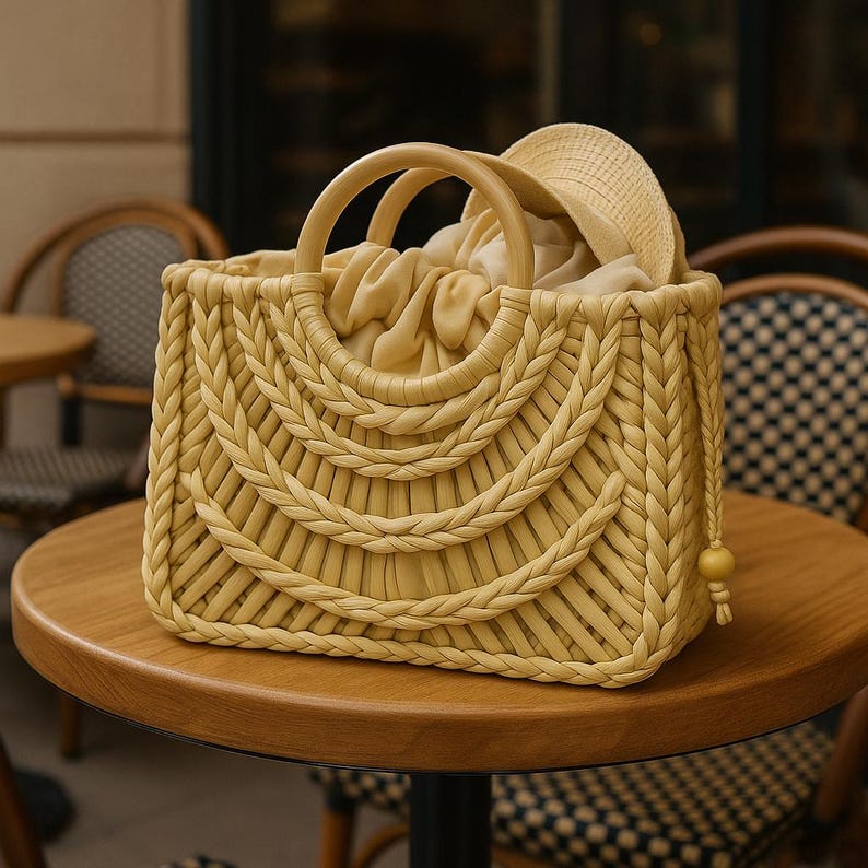 May include: A woven straw handbag with a wooden handle. The bag is light yellow and has a braided design. The bag is sitting on a wooden table.