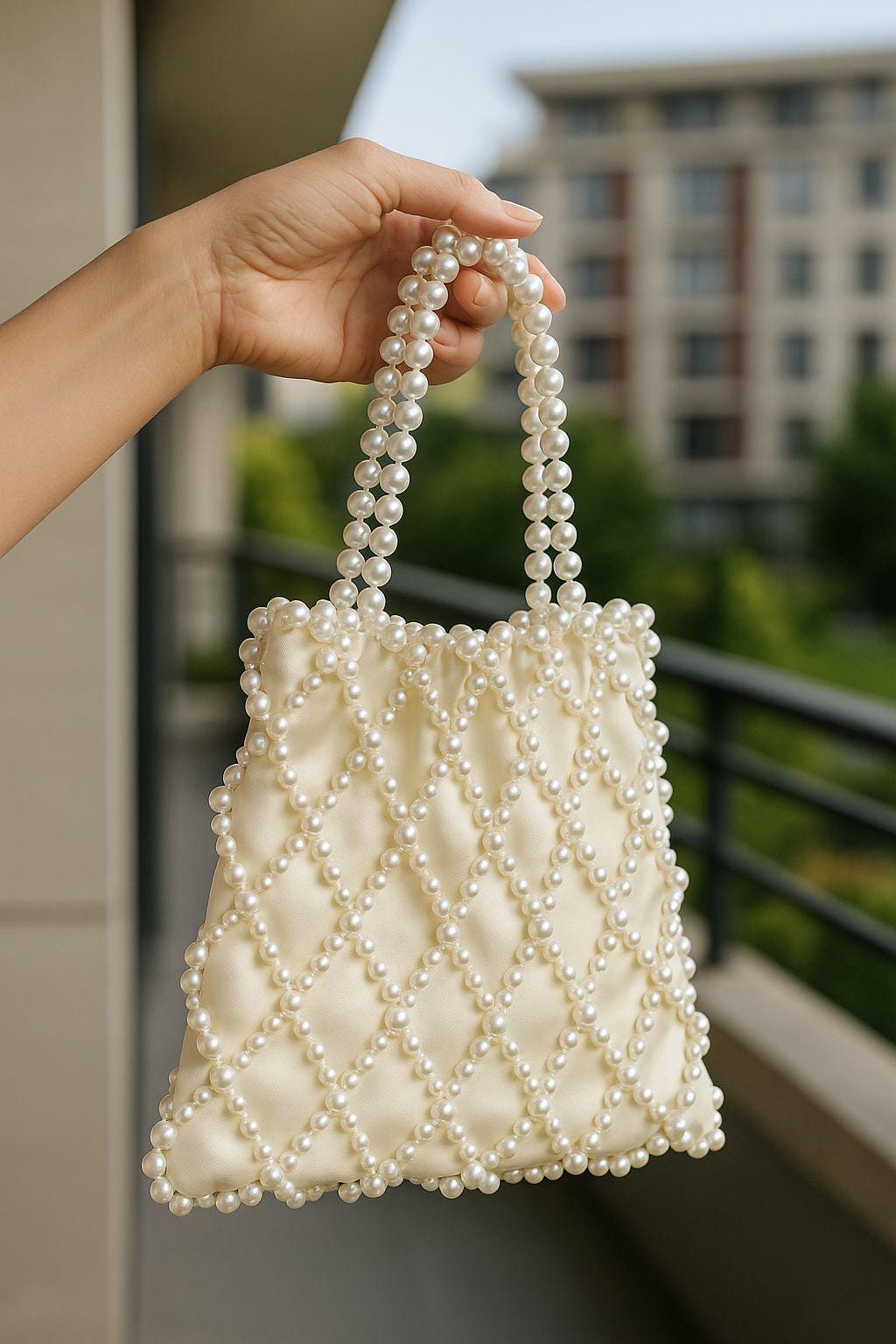 Handmade Pearl Beaded Bridal Bag, White Satin Clutch, Elegant
