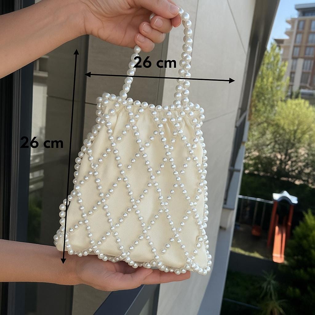 Handmade Pearl Beaded Bridal Bag, White Satin Clutch, Elegant
