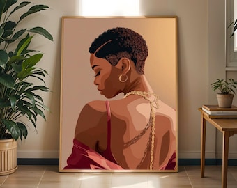 Pode incluir: Uma ilustração digital emoldurada de uma pessoa com cabelo curto e escuro, vista de costas e de lado. A figura veste uma peça de roupa vermelho-escura com alças finas e um colar de corrente dourada. A obra apresenta tons quentes e suaves.