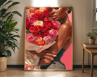 Frau mit Rosen Kunstdruck: Modernes Boho Blumendekor
