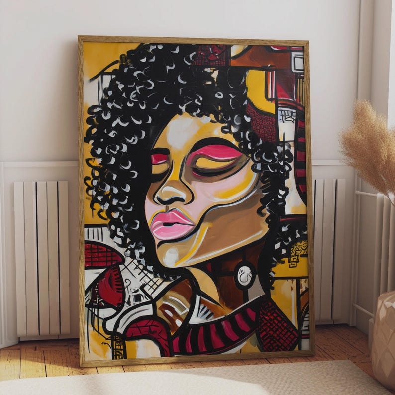 Abstract Afrocentric Woman Portrait Print, Curly Hair, Bold Colours, Gold Red