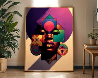 Lámina artística con retrato geométrico de mujer afrocentrista: morado, rosa y verde azulado.