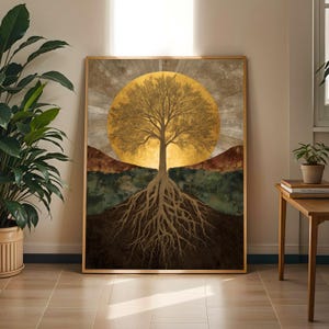 May include: A framed artwork depicting a golden tree with visible roots. The tree is set against a gold sunburst background, with brown and green landscape elements below. The artwork is in a wooden frame.