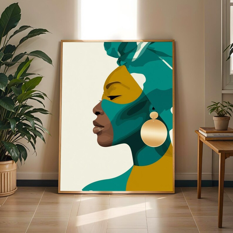 African Woman Wall Art – Teal Mustard Abstract Portrait Gold Earring