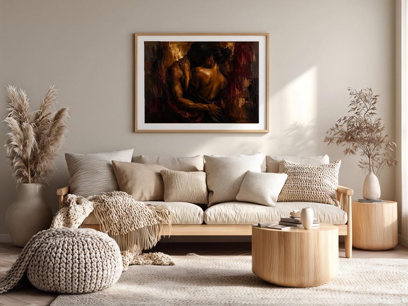 Black Couple Embrace Art Print, Bold Palette, Moody Figurative image 9