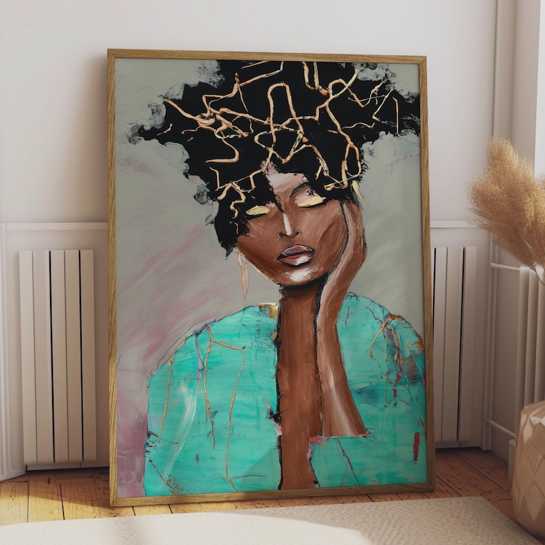 Abstract Afrocentric Black Woman Art Print, Gold Afro Portrait, Teal Wall Decor