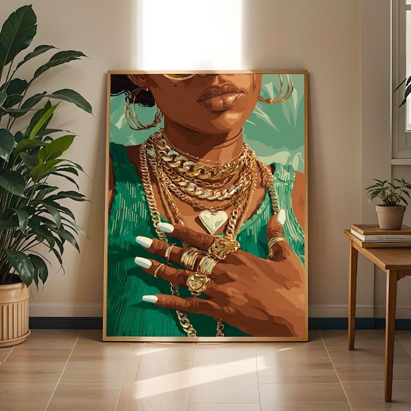 Afrocentric Art Print: Gold Figure on Green - Contemporary Decor
