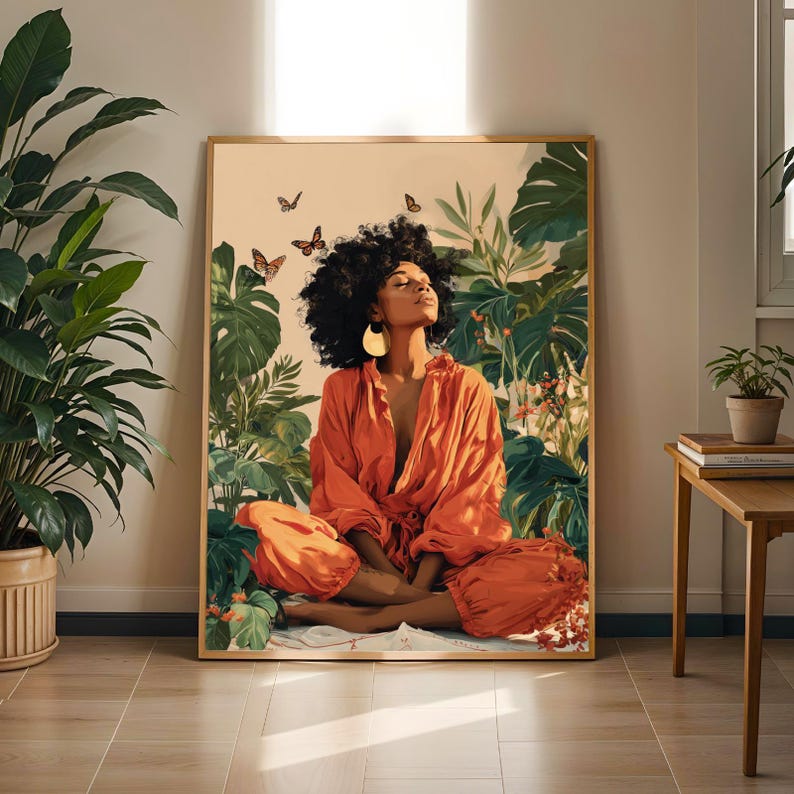 Serene Woman in Nature Art Print: Boho Decor