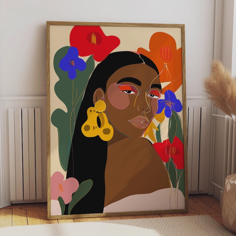 Abstract Afrocentric Floral Woman Portrait, Black Girl Wall Art Print, Colourful Botanical
