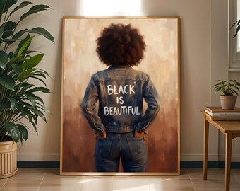 Afrocentric Denim Portrait – Black Woman Empowerment Art Print