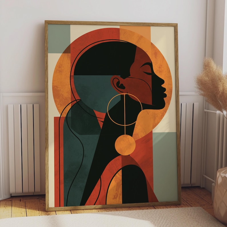 Abstract Afrocentric Black Woman Portrait Print, Geometric Art, Earring Wall Art