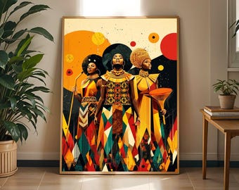 Stampa artistica di donne afrocentriche: decorazione geometrica boho moderna