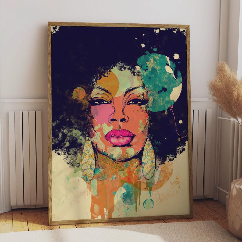 Abstract Afrocentric Woman Art Print, Natural Afro Hair, Colourful Portrait Wall Art