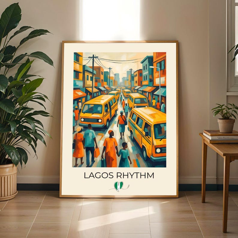 Lagos Rhythm Print – Vibrant African Street Scene, Yellow Buses