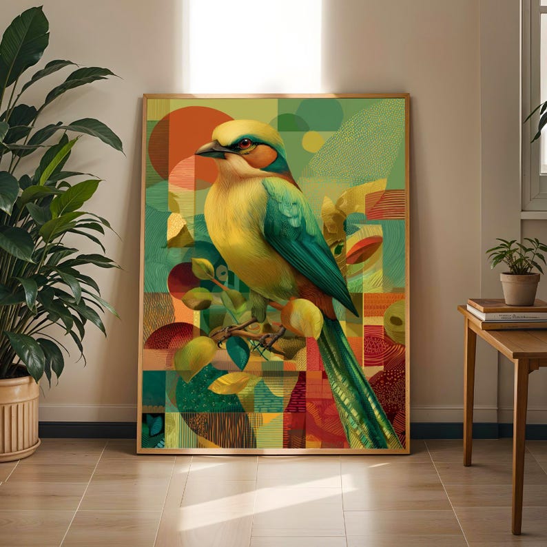 Geometric Weaver Bird Art Print: Modern Colorful Illustration