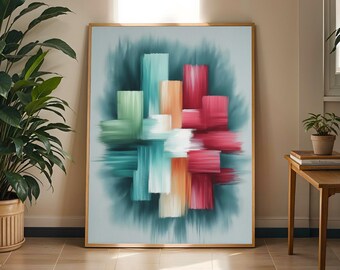 May include: A rectangular wall art piece in a gold frame featuring an abstract composition of vertical and horizontal brushstrokes in shades of teal, white, orange, and magenta, set against a soft light blue background with blurred edges.