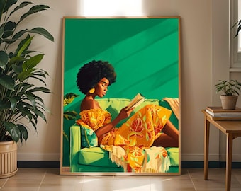 Stampa artistica di una donna afrocentrica che legge: arredamento boho per il soggiorno.