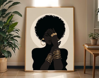 Afrocentric Woman Silhouette Art Print: Black, Gold & Beige Boho Decor