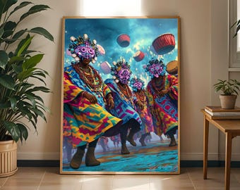 May include: A framed wall art print depicting four figures wearing ornate, glowing purple and blue masks and vibrant, multi-colored patterned robes. They are dancing in a surreal, cloudy environment filled with floating drums under a blue sky.