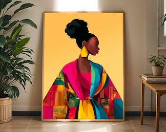 May include: A framed art print depicting a woman in a colourful outfit. The artwork features a woman with dark skin, wearing a pink top and a patterned jacket. The background is yellow, and the frame is gold. The print is displayed indoors.