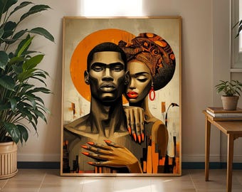 Stampa artistica con figure geometriche afrocentriche: decorazione boho arancione, nera e beige.