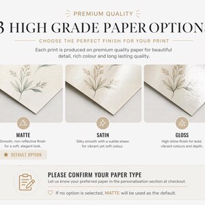 The image is an advertisement for premium quality paper options, showcasing three different types of paper finishes: matte, satin, and glossy. Each type of paper is described in detail, highlighting their unique characteristics and uses.
